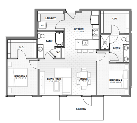 Floor plan for 2 beds, 2 baths, 1032 sqft